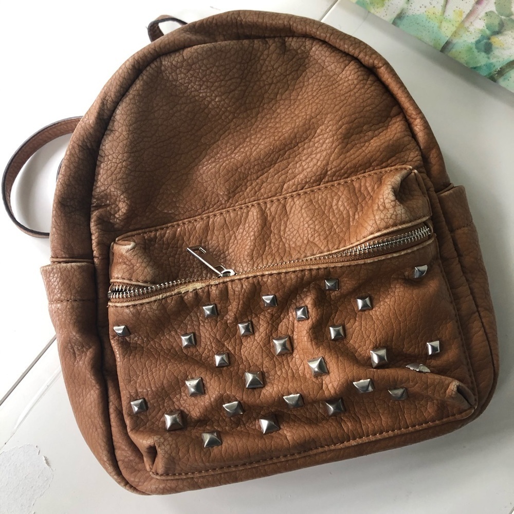 Beautiful Soft girl Vegan Studded Leather Backpack in Tan 9 by 10 inches - Picture 4 of 14
